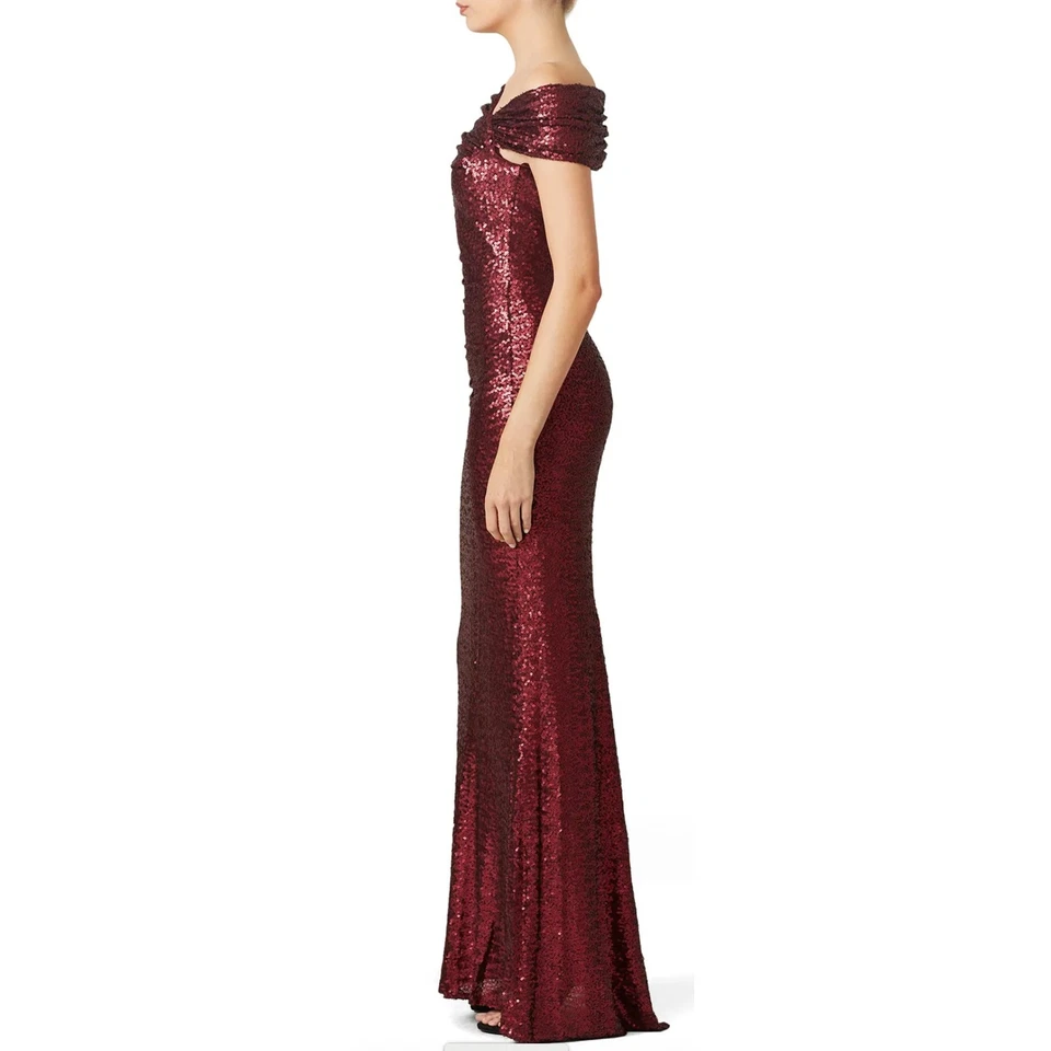 Vestido Badgley Mischka Burdeos Rojo Lentejuelas Talla 22 Hombro Descubierto Formal Lujo $695 Foto 3 de 4