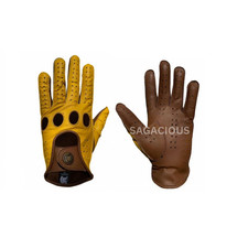 Designer Driving Gloves Yellow Cognac Leather  Reverse Stitch Luxury Gloves