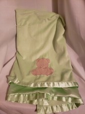 Baby Blanket minky Green with Brown Bear satin side 42 x 30 missing brand tag