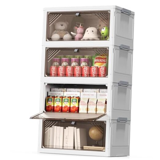 4 Tier Plastic Storage Bins with Drawers - Foldable Stackable 5.8 Gal 4 Pack