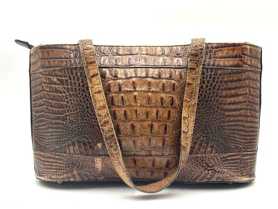 Brahmin Brown Leather Croc Zip Top Tote Bag Purse