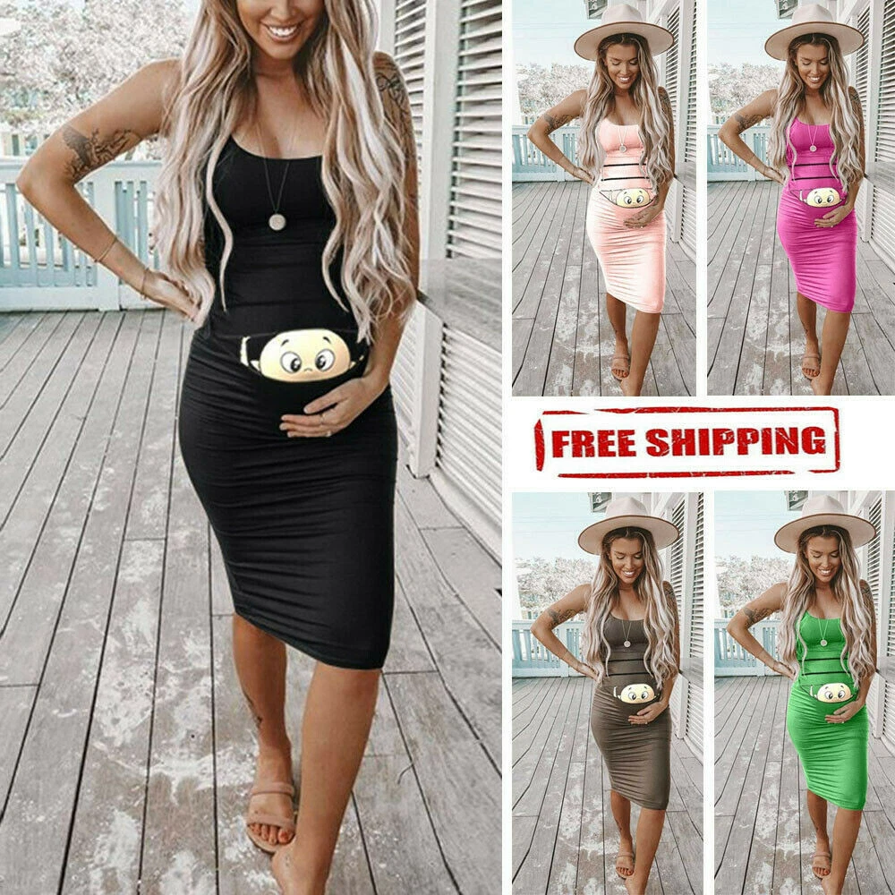 Women Fashion Cute Baby Printed Pregnant Summer Sleeveless Party Maternity  Dress