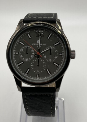 Caribbean Joe CJ7040GU Men's Quartz Black Leather Strap Watch New