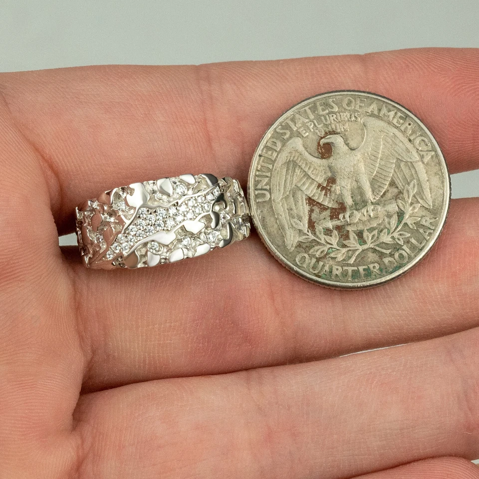 Mens REAL Solid 925 Sterling Silver Nugget Band Ring Iced CZ Band ICY Claw Mark - Image 3 of 4