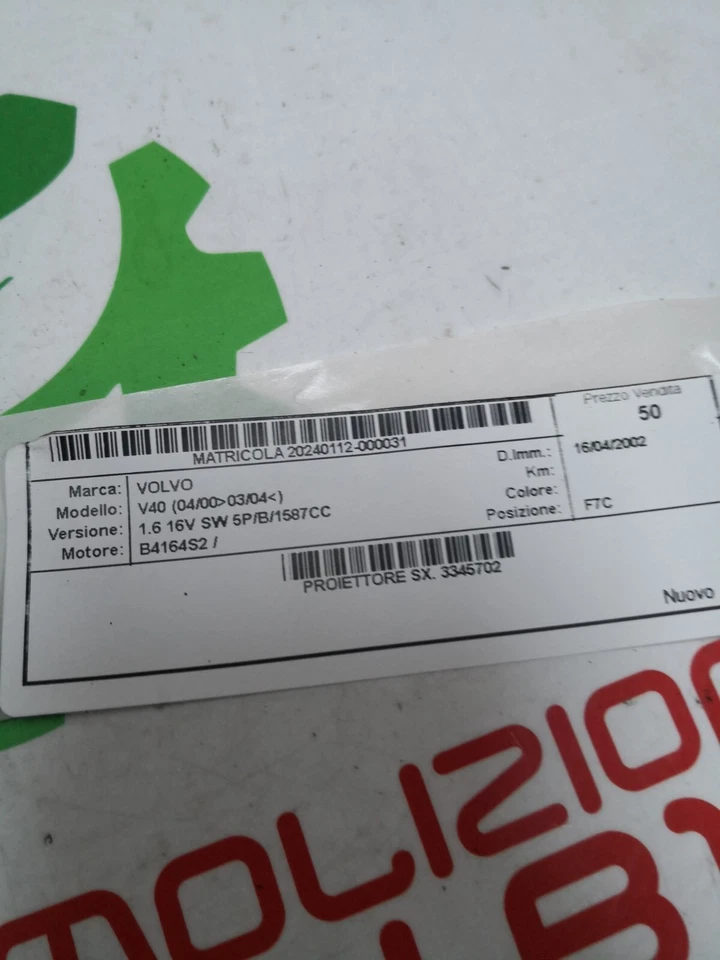 1ag247001 Faro Proiettore Sinistro SX Volvo V40 2003 Restyling  Foto 3 de 3