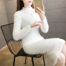 Women Faux Fur Sweater Dress Mock Neck Slim Fit Long Knit Pullover Warm
