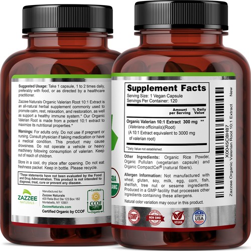 USDA Organic Valerian Root 10:1 Extract, 3000 mg Strength, 120 Vegan Capsules - Picture 10 of 10