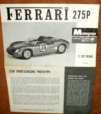 Monogram Ferrari 275P Model Racer 1965 Slot Car PHOTO COPY of Info Sheet ONLY