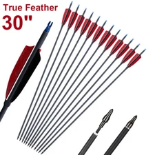 12Pcs 30" Carbon Shaft Arrows Spine 500 OD 7.6mm True Turkey Feathers Hunting