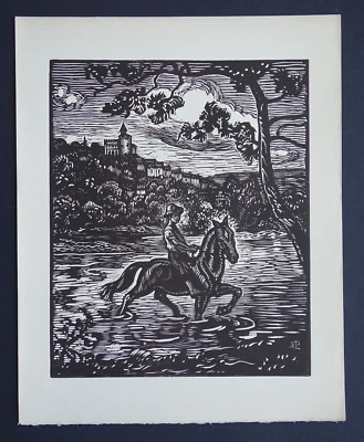 Paul Emile COLIN Gravure sur bois originale de 1922 bel état Le gué Cavalier - Photo 1/4