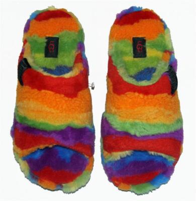 UGG Fluff You Cali Collage Faux Fur Rainbow Stripes Plush Slip-on Slippers  Mn's | eBay