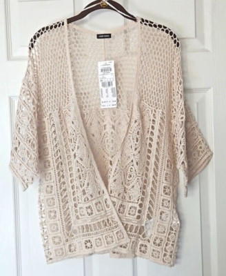 Women's Open-Front Boho Chic Crochet Knit Cardigan Ivory Size 10 By Gerry Weber