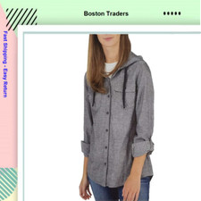Boston Traders Women's Long Sleeve Button Down Flannel with Hood, Black Denim,
