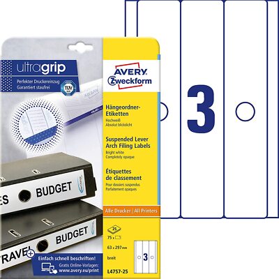 AVERY Zweckform L4757-25 Hängeordner-Etiketten (mit ultragrip, 63 x 297 mm auf D