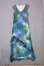 Calvin Klein Maxi Dress Women 6 Blue Green Leaf Stripe Mix Print Ruffle Flowy