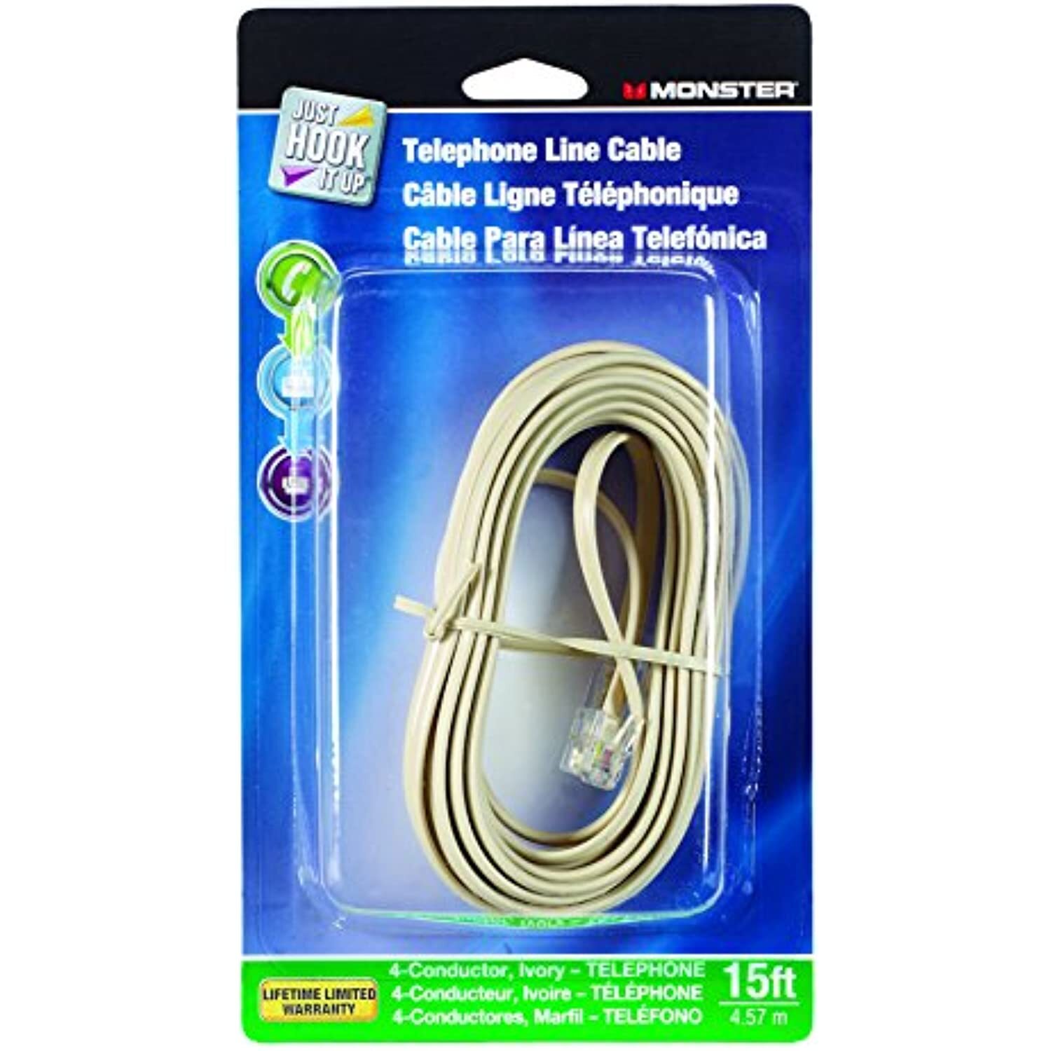 Monster Cable Telephone Line Cable Modular 4 Conductor 15 ' Ivory