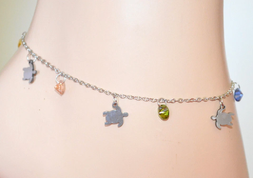 Cavigliera donna argento acciaio ciondoli cristalli verde blu gialli rosa S73 - Immagine 3 di 4