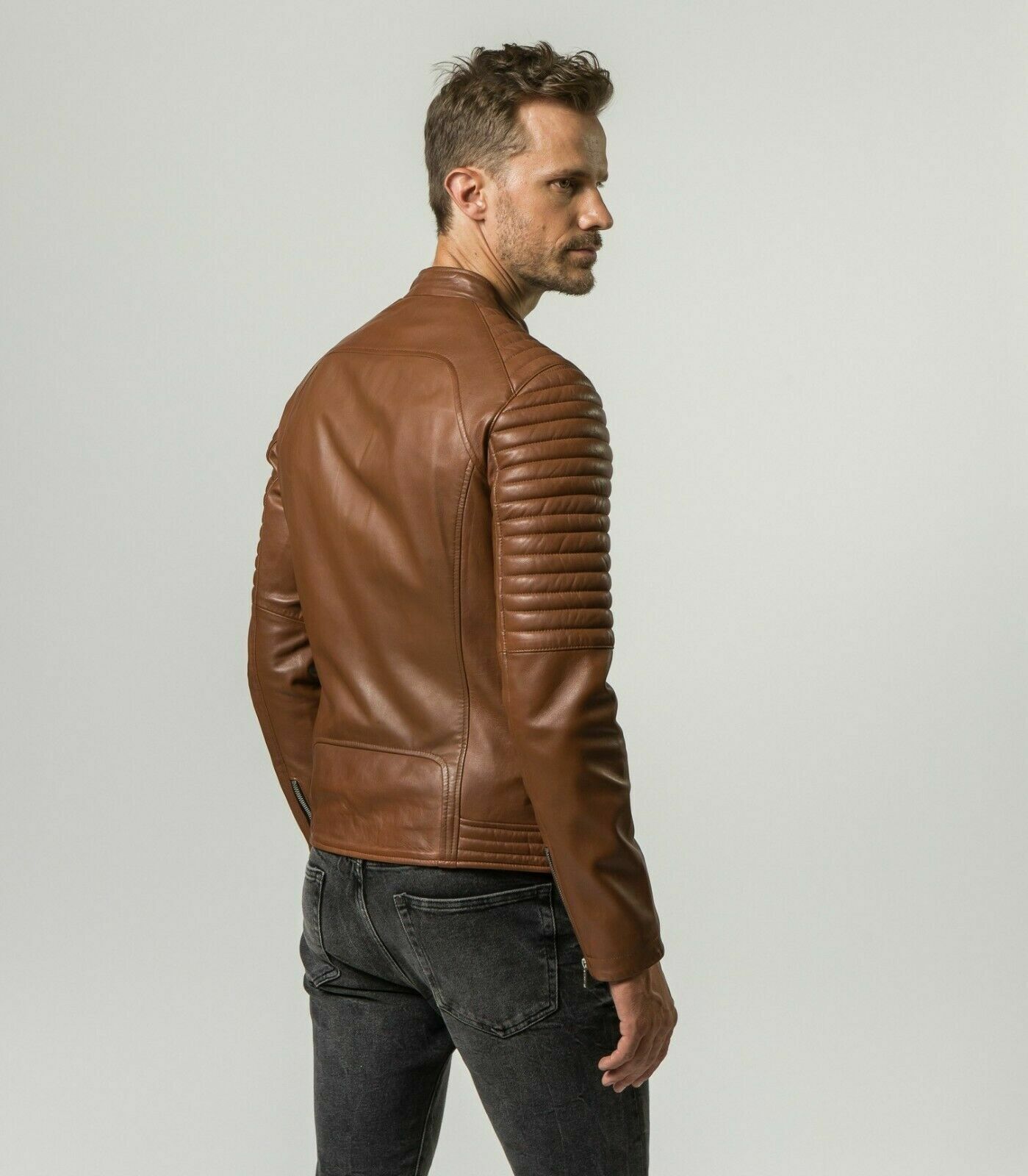 Brown men designer leather jacket #37
