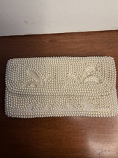 Vintage 1950s 60s Japan Pearl Beaded Clutch Purse Floral Evening Bag