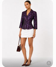 NIPON BOUTIQUE Purple Black Floral Lined Button Blazer Jacket 3/4 Sleeve 12