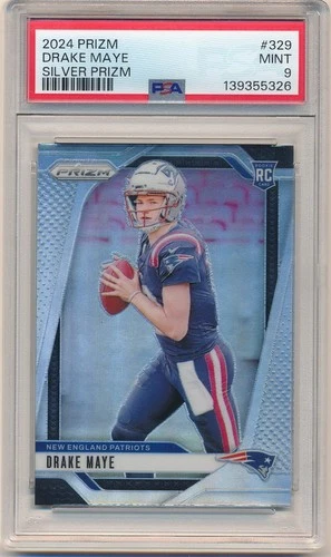 DRAKE MAYE 2024 PANINI PRIZM #329 RC ROOKIE SILVER PRIZMS PATRIOTS SP PSA 9 MINT