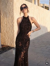 ZARA NWT WOMAN SS25 99 LONG SEQUIN HALTER DRESS BROWN 1223/452