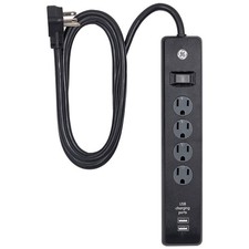 GE 4-Outlet Surge Protector, 2 USB Ports, 6 Ft Power Cord, 450 Joules, Flat Plug