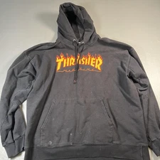 Thrasher Hoodie Mens Large Black Flame Logo Magazine Pullover Sweatshirt Skate