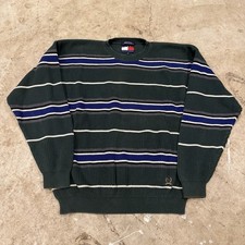 VTG 90s Tommy Hilfiger Mens Crest Green Striped Sweater Heavy Knit Size XL