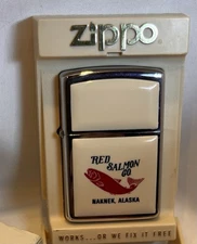 1984 Zippo Red Salmon Co Naknek Alaska White Enamel Advertising Lighter w/ Box