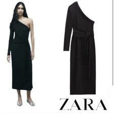 Zara Black Knit Asymmetric One Shoulder Midi Tie Waist Dress Size Small New