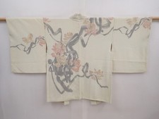 5915T09z610 Vintage Japanese Kimono Silk HAORI Flower Light olive