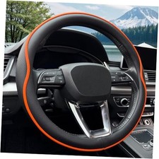 Leather Steering Wheel Cover  with Anti-Slip Stripe Design - Black Orange