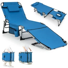 Outdoor Folding Chaise 5-Position Lounge Chair w/ Adjustable Footrest &Face Hole