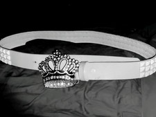 White Faux Leather 3-row Studded Belt 38 ,  Y2K RhinestoneCrown Fashion Buckle