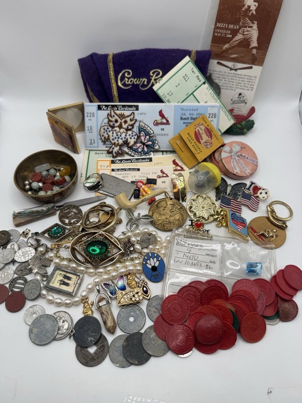 Vintage Junk Drawer Lot Of 75+ Tax Tokens Coins Jewelry Bits  Ticket Stubs Etc