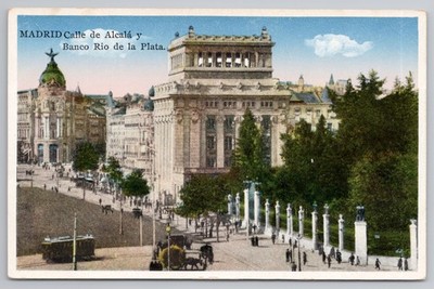 Madrid Calle de Alcala Banco Rio de la Plata Straßenszene Spanien Farbpostkarte