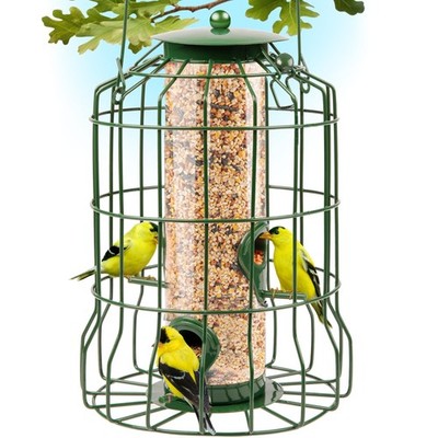 Squirrel Proof Bird Feeder for Outdoors Hanging (Metal Green) | 4 Ports, Chew...