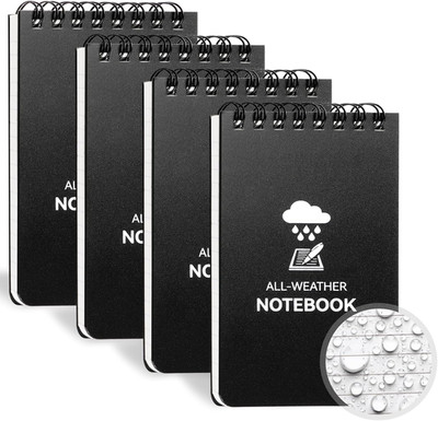 Waterproof Notebook, 4 Pack Top-Spiral Pocket Notepad, 3'' x 5'' Weatherproof Note