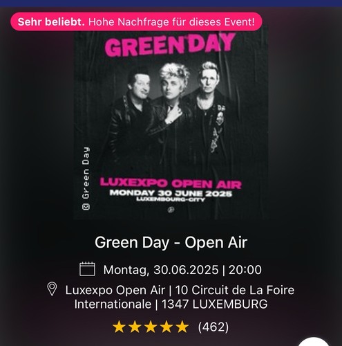 2 Tickets Greenday Konzert Luxemburg, 30.06.25