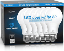 Great Eagle A19 LED Light Bulbs 60 Watt Equivalent, Cool White 4000K LED Light B