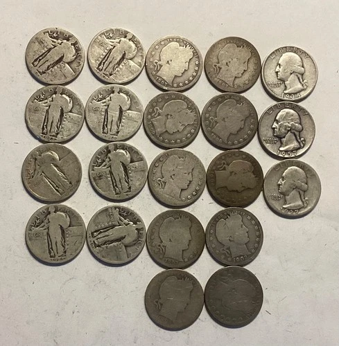 Lot of 21 90% Silver Quarters - Barber/Standing Liberty/Washington 25c Junk