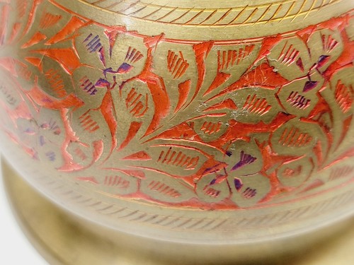 Vintage Solid Brass 4" Ornate Enameled Inlay Footed Bowl/Vase - Picture 10 of 12