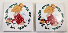 2 VINTAGE JASCO 1981 CHRISTMAS PRAYING GIRL TILE TRIVET COTTAGECORE