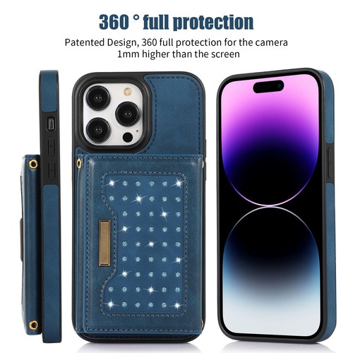 For iPhone 15 Pro Max 14 12 11 XR 8 Diamond Leather Wallet Lanyard Cover Case - Picture 29 of 72