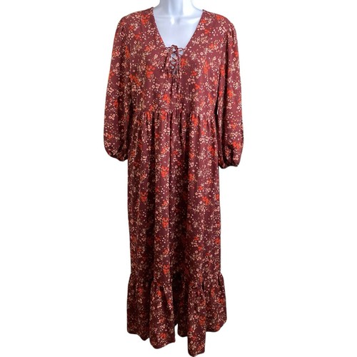 Lush Women's Burgundy Ditsy Floral Maxi Dress Size L Boho Cottagecore Prairie