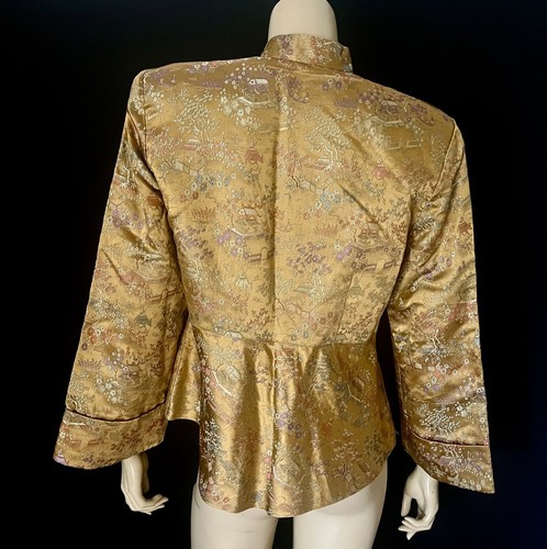 Chaqueta asiática brocada de seda albaricoque dorado de la década de 1940, peplum, mangas de campana, mediana, excelente - Imagen 2 de 9
