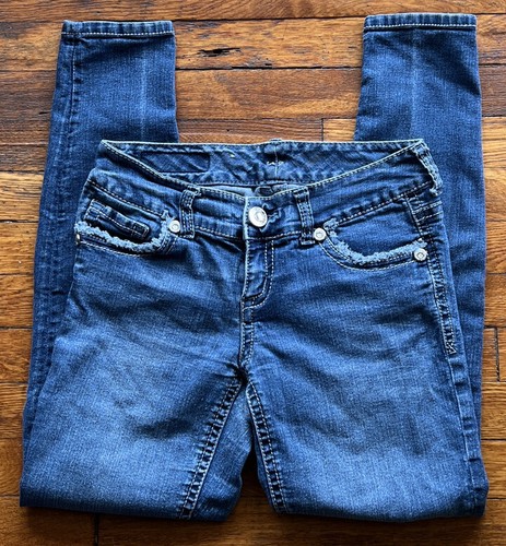 7 Seven Mankind Blue Jeans sz 14 Rhinestone Flap Pockets Skinny legging Preowned - Picture 3 of 6