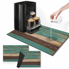 Coffee Mat for Countertops Farmhouse Teal Brown Wood Dish Drying Mat 2 Pcs fo...