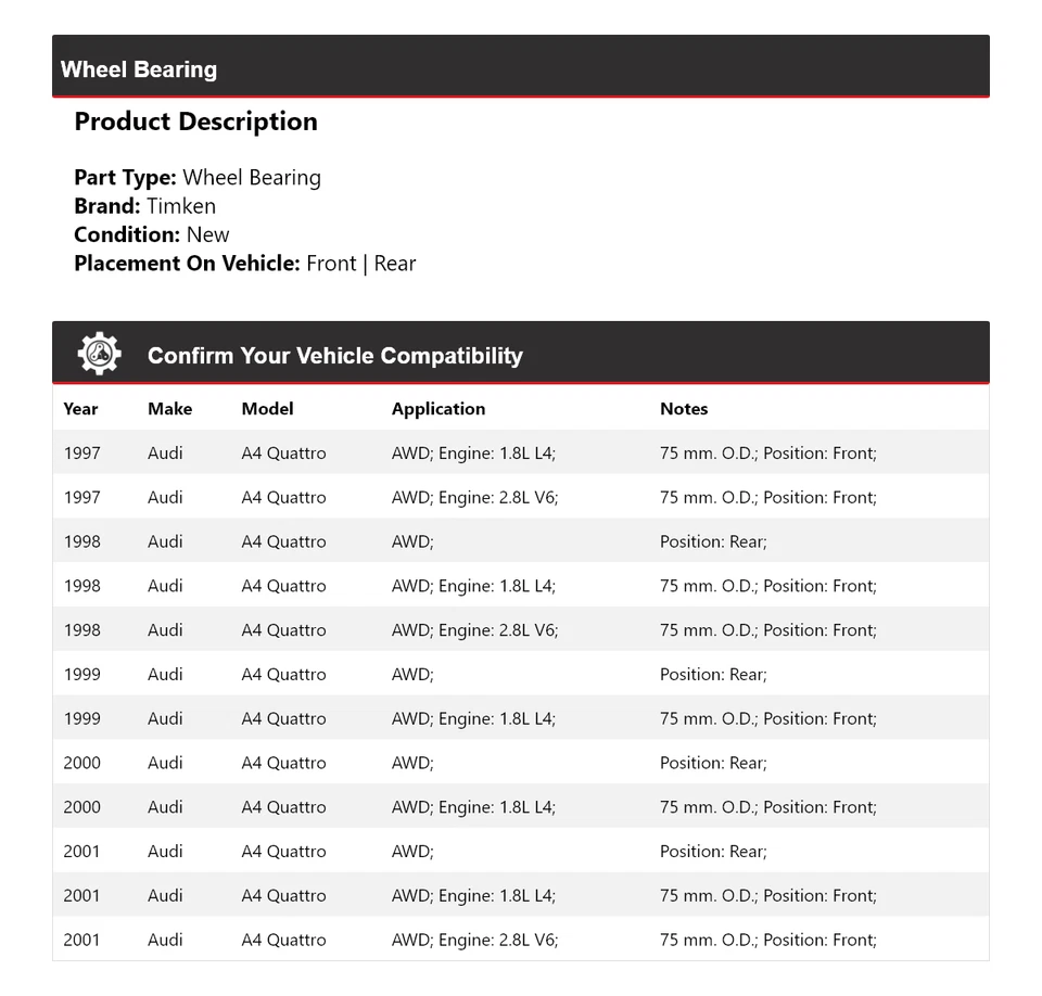 For 1997-2001 Audi A4 Quattro AWD Wheel Bearing Timken 1998 1999 2000 - Image 2 of 4
